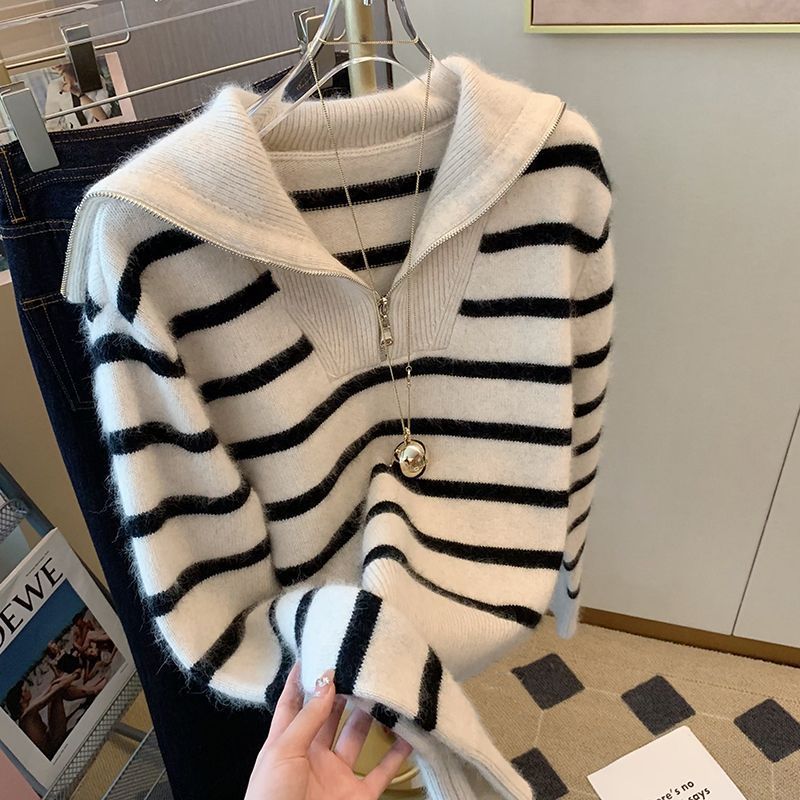 Street Fashion Youth - Striped Knit Zipper Patchwork High Street