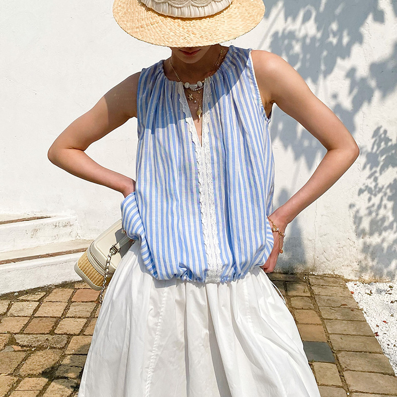 Street Fashion Necklace - Summer Blue White Striped Blouse Tank