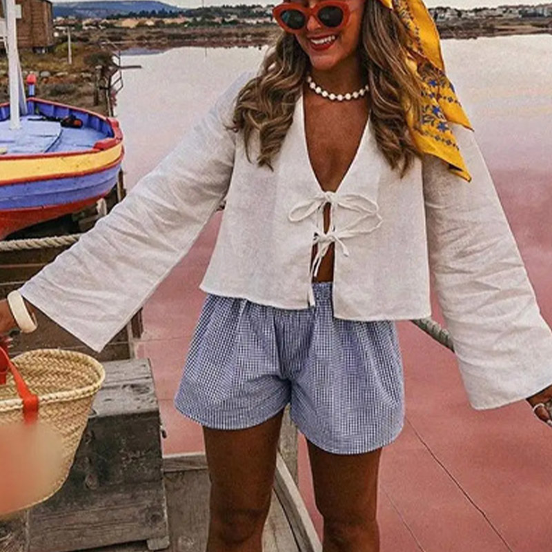 Summer lace up shirt women's e – Street Fashion Necklace recenzja i cena