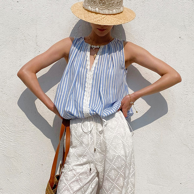 Summer Blue White Striped Blou – Street Fashion Necklace recenzja i cena