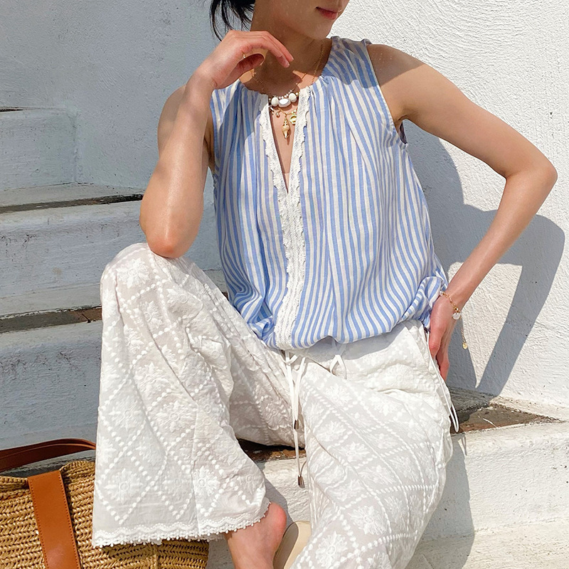 Summer Blue White Striped Blou – Street Fashion Necklace recenzja i cena